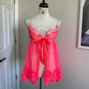 Y2K Victoria's Secret neon pink babydoll dress with bow and ruffles Size